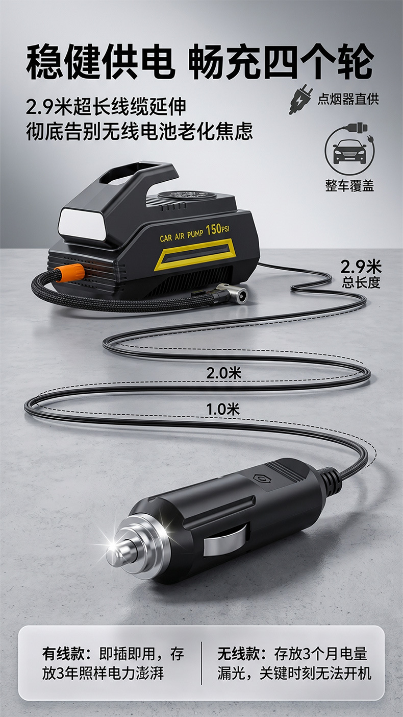 Car air pump, portable electric tire inflator for small cars, multifunctional 12v car air pump