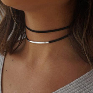 European and American Cross-Border Hot-Selling Velvet Double-Layer Short Collar Metal Tube Choker Necklace Gothic Black Necklace for Women
