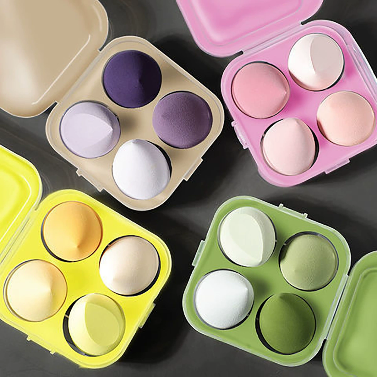 Makeup Sponge Set, 4-Cell Compact Case, Soft Round Cosmetic Blenders (assorted colors)