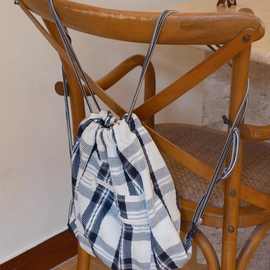 别来无恙 新款复古格纹双肩抽绳斜挎包 时尚美式休闲单肩包男女