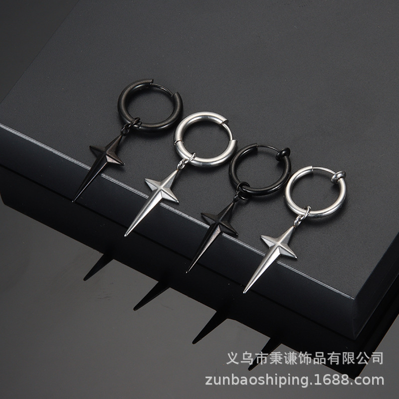 Simple neutral style titanium steel four-star stainless steel Three-dimensional cross star earrings hip-hop punk without ear hole ear clip