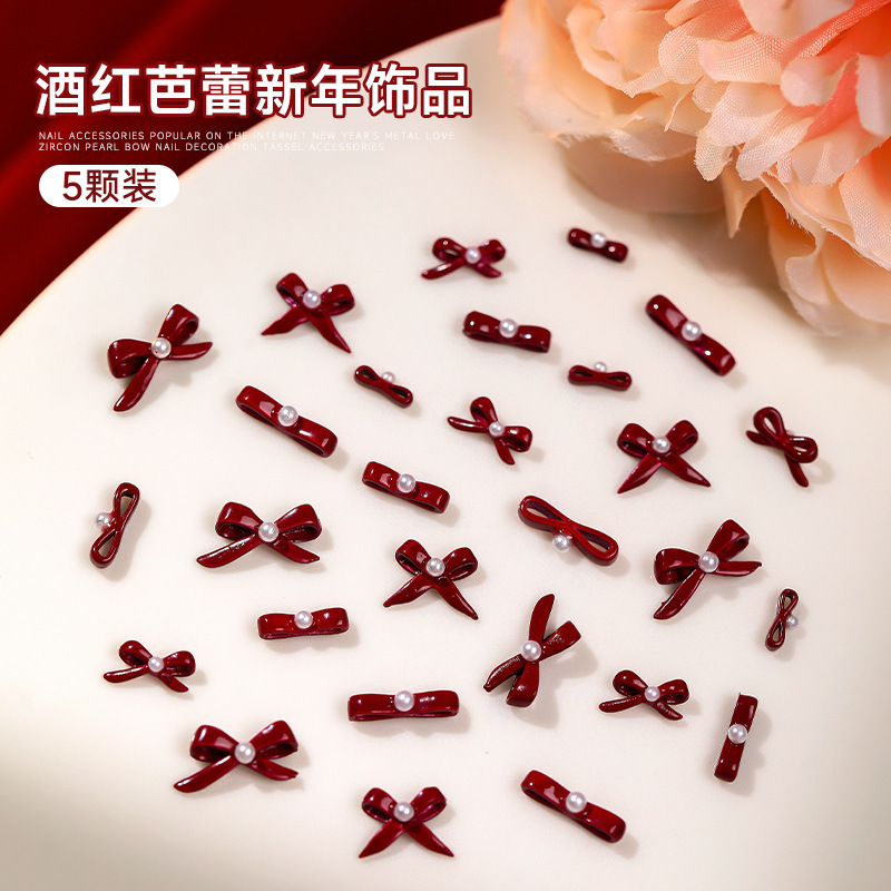 New year bow nail jewelry popular cherries wine red ballet shoes with Pearl alloy nail drill