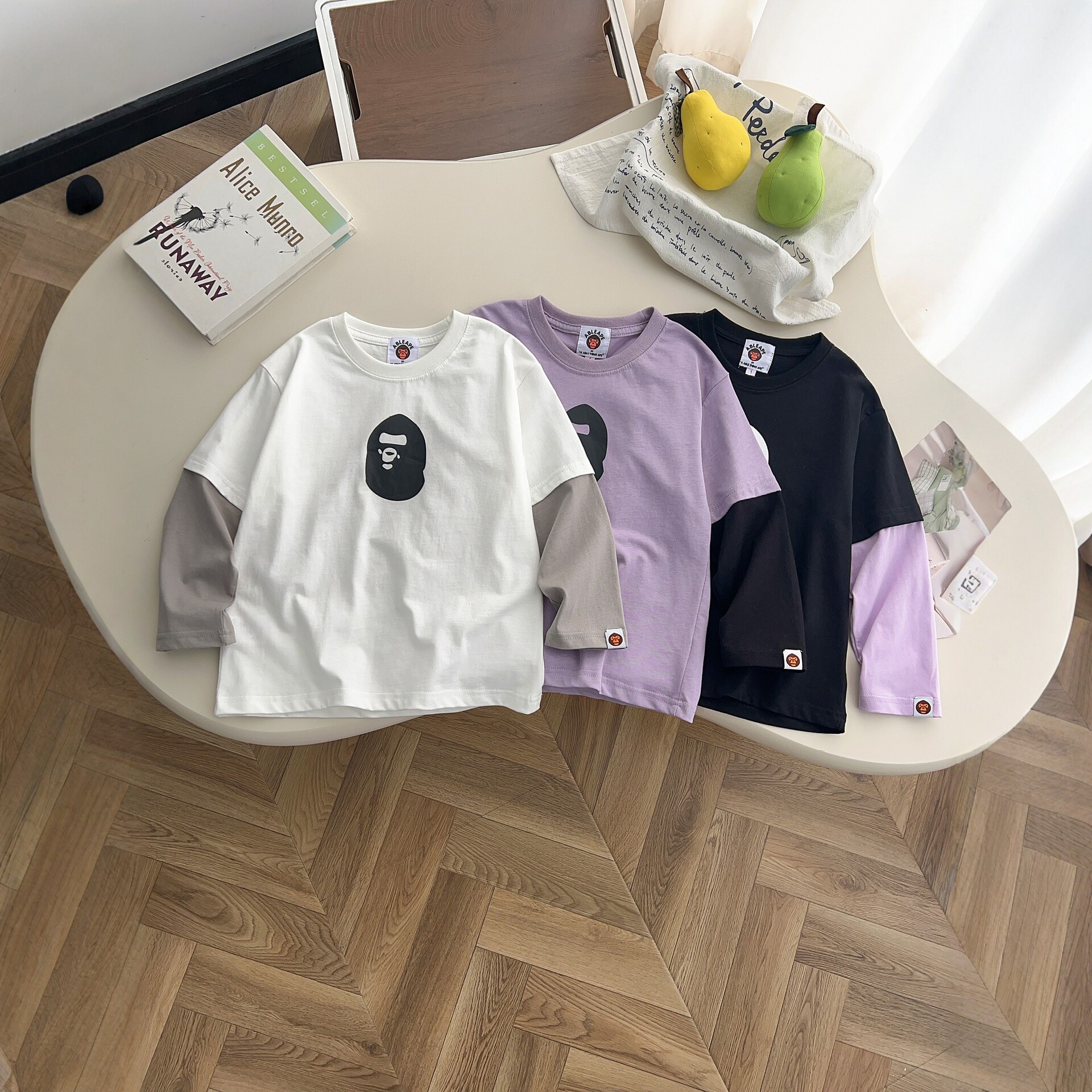 Autumn 2026 New Children's Cotton Long-Sleeve T-Shirt with Cartoon Print, Korean Style, Trendy, Faux Two-Piece Base Layer