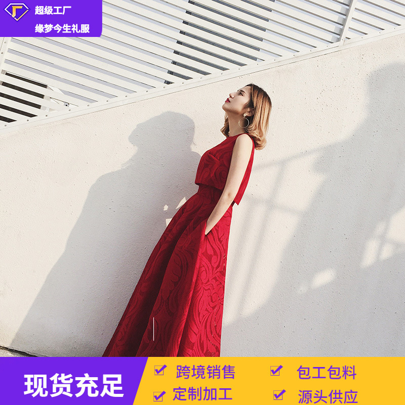 2026 New Style Floor-Length High-Waisted Strapless Wedding Dress, Red Banquet Evening Dress with Small Shawl Two-Piece Set