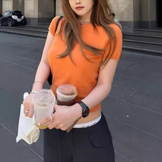2026 Spring New Solid Color Short-Sleeved Pullover Knitwear Short Casual Lazy Style Simple Fashionable Knitwear