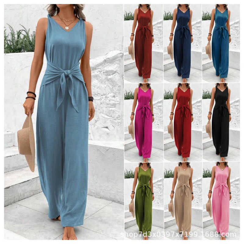 2025 European and American Cross-border Women's New Foreign Trade V-neck Wide-leg Jumpsuit Sleeveless Kink Vest Jumpsuit