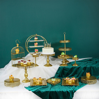 Tabla de postres de estilo europeo, estante de exhibición de bodas, banquete de bodas, estante de pastel, estante de té de la tarde, estante de golden snack set de 7 piezas