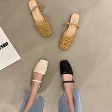 网红褶皱包头半拖鞋东大门外穿2023夏季复古软底小众凉拖半拖潮女