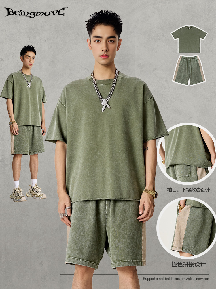 2025 verano comercio exterior europeo y americano retro anticuado camiseta de manga corta a juego de colores pantalones cortos de punto casuales traje de hombre