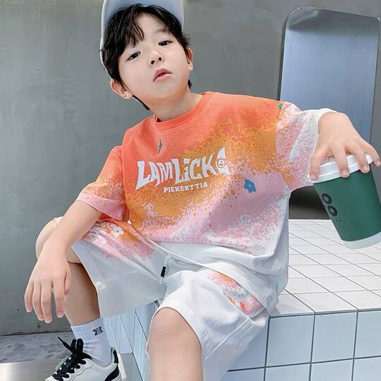 Boys' summer short sleeve suit 2024 new large children's gradient sports suit
