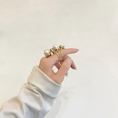 韩版ins设计感镶钻指环珍珠不规则开口戒指网红个性冷淡风食指戒