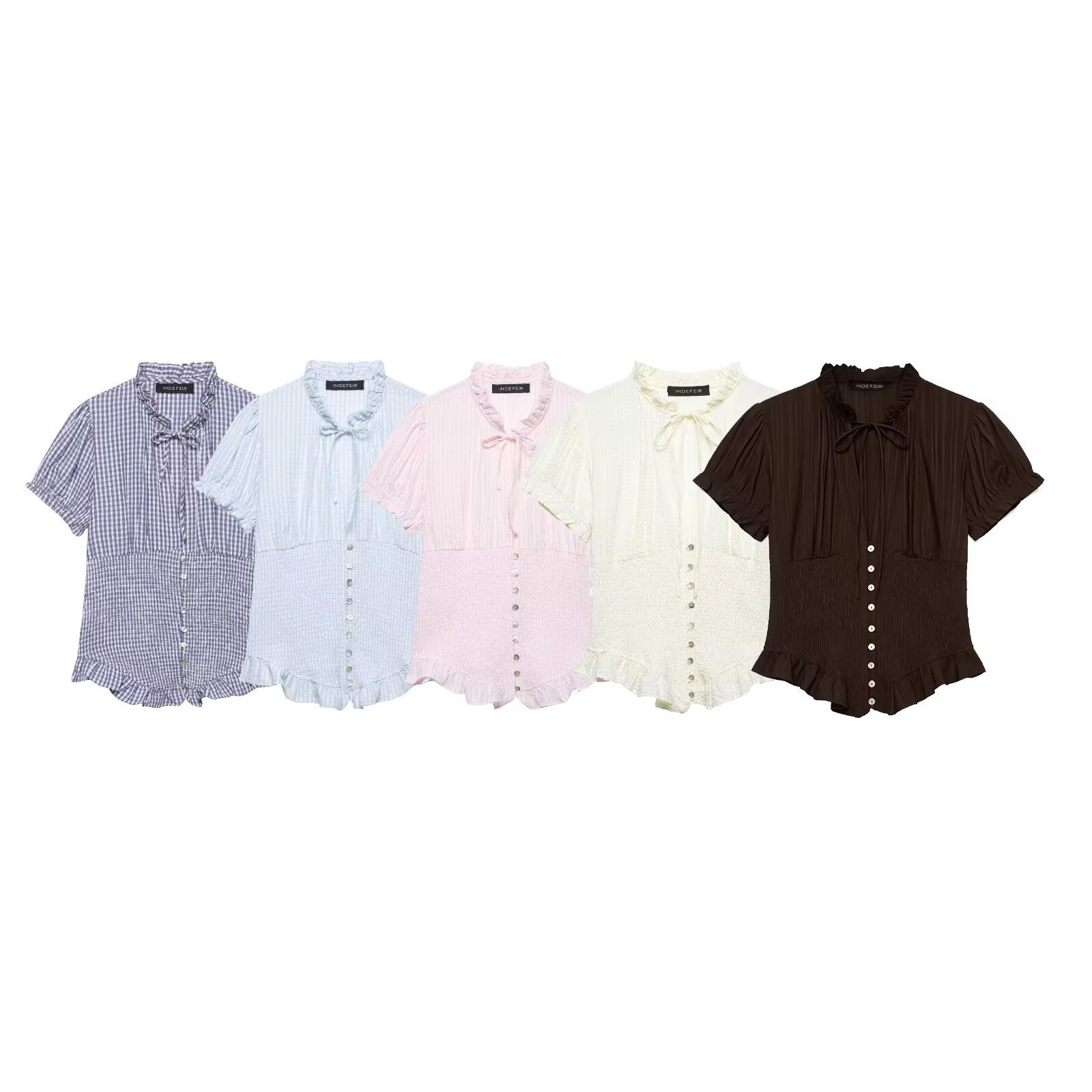 Women's Sweet Bow Detail Short Sleeve Blouse, Flattering Bubble Sleeve Top With Lace Trim, Spring Essential In Beige, Brown, Pink, Light Blue, Navy_ecoleips.com