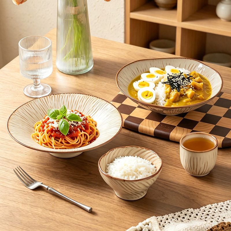Japanese-Style Ceramic Rice Bowl with Floral Edge, Kiln-Fired Tableware, New High-Aesthetic Irregular-Shaped Western-Style Dinner Plate, Household Rice Bowl, Water Cup, and Plate Japanese-Style Ceramic Rice Bowl with Floral Edge, Kiln-Fired Tableware, New High-Aesthetic Irregular-Shaped Western-Style Dinner Plate, Household Rice Bowl, Water Cup, and Plate