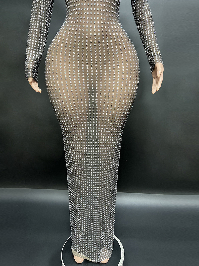 Vêtements pour femmes Novans Spring New Sparkling White Diamond Élégante fente dans le dos Longue longueur au sol Robe de soirée noire slim_voghion.com