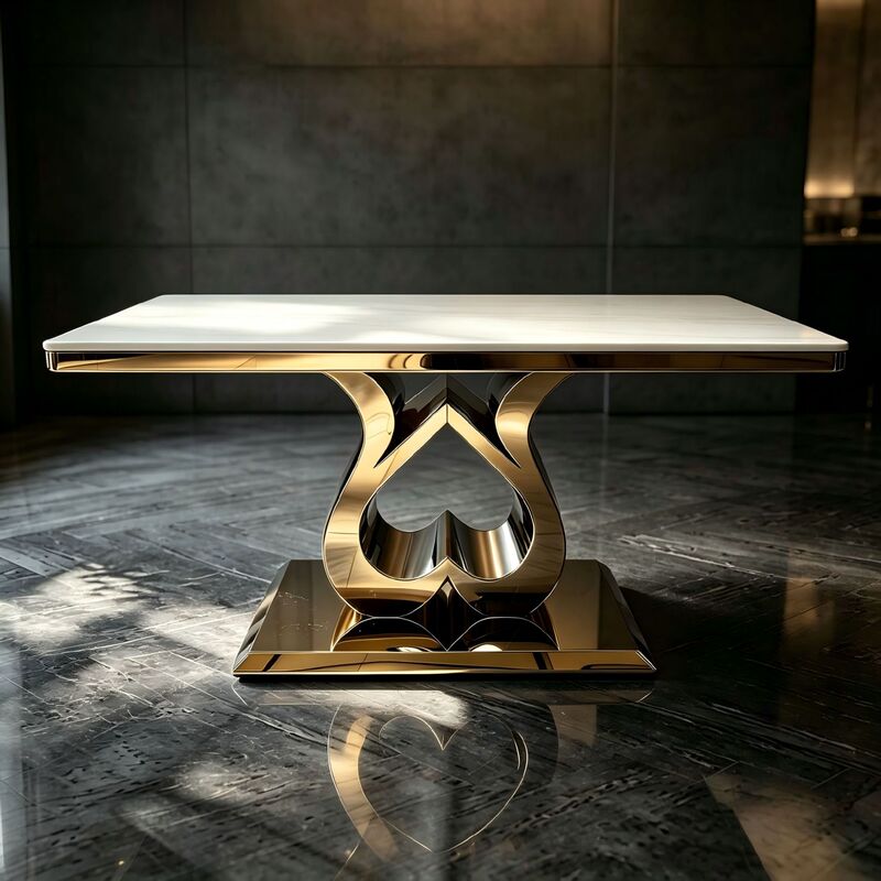 High-end, light luxury rectangular dining table with a bright gold heart-shaped stainless steel frame, suitable for living rooms and home use High-end, light luxury rectangular dining table with a bright gold heart-shaped stainless steel frame, suitable for living rooms and home use