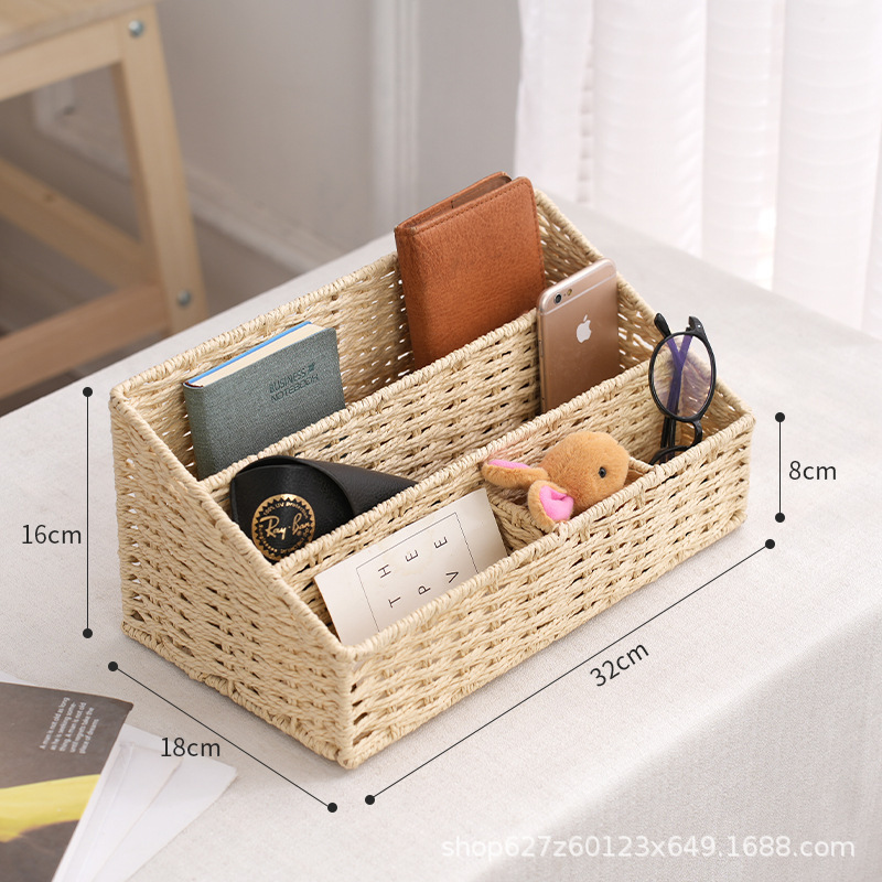 cuerda de papel trenzada estante de almacenamiento de escritorio multiplaca utensilios de oficina cosméticos papelería cesto de almacenamiento despeje