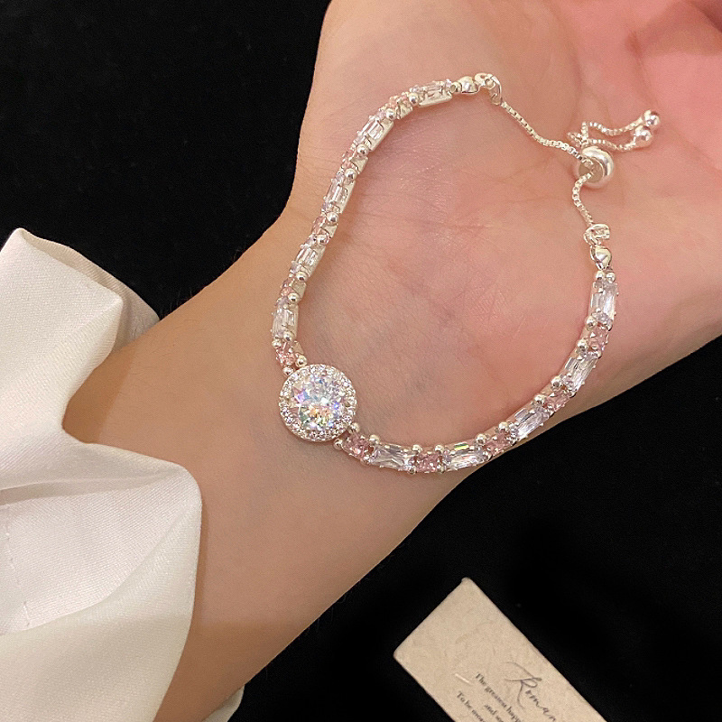 超闪满钻彩色圆形锆石吊坠粉色抽拉手链女轻奢精致小众手环手饰|undefined