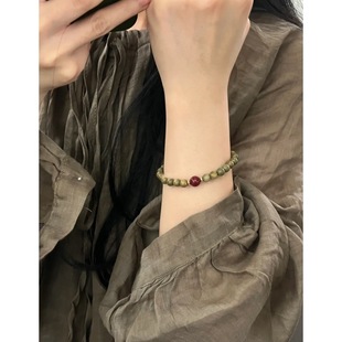 Green Sandalwood with Cinnabar Single Circle Bracelet for Girls, Sandalwood Wooden Buddhist Beads Bracelet 68mm, Bestie Style for Friends