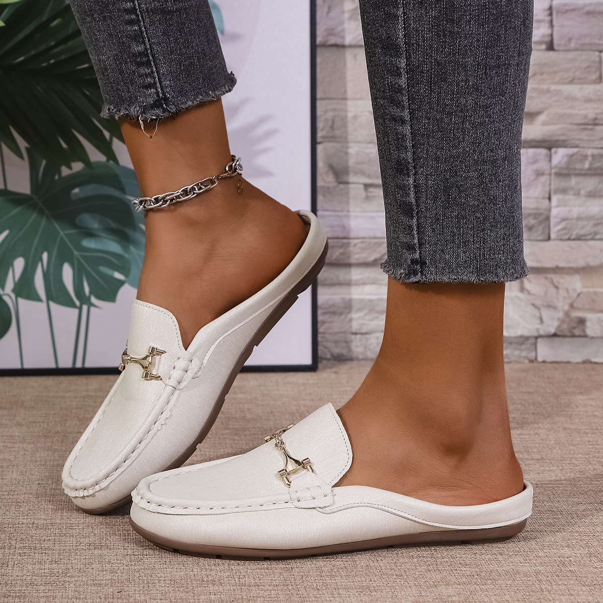 Mules Loafer Planos para Mujer de Cuero Sintético para Banquetes