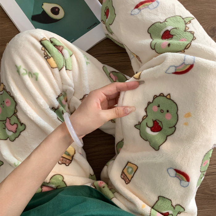 Pantalones de pijama de franela de coral de dibujos animados, pantalones de pijama de hombre, pantalones de invierno de otoño de mujer, pantalones caseros
