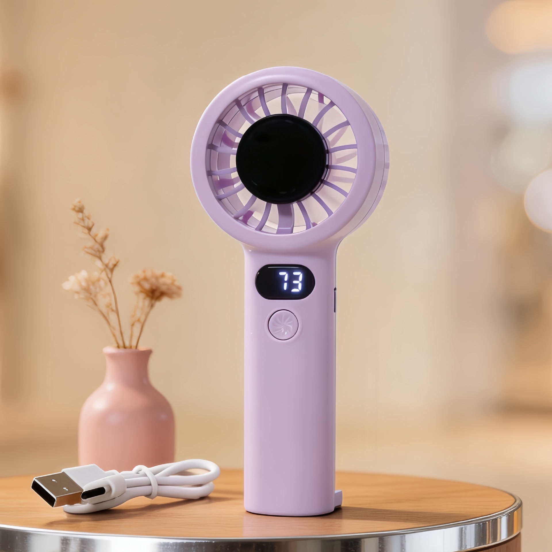 Mini ventilatore digitale portatile ricaricabile tramite USB, doppio utilizzo con supporto e moschettone, controllo continuo della velocità, attacco per borsa._voghion.com