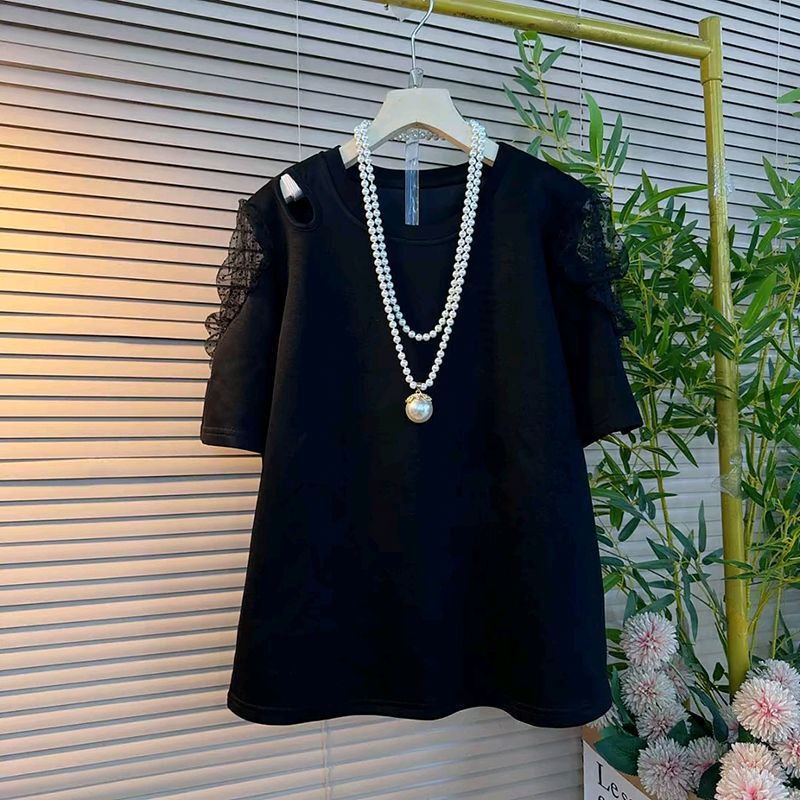 Summer New Cool Silk Cotton Korean Style Trendy Popular Simple Plus Size Women's Clothing Fat mm Lace Puff Sleeve T-Shirt Top