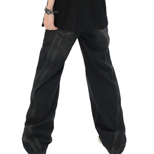 2025 Men's American-Style Heavyweight Patchwork Design Jeans: Loose Fit, High-Street Wide-Legged, Flowing Straight-Leg Trousers—Trendy