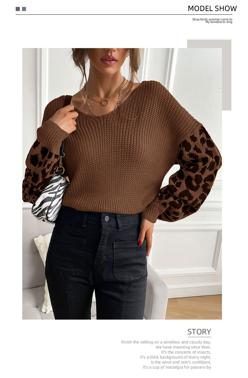 V-neck loose leopard stitching long-sleeved knitted sweater nihaostyles wholesale clothing NSDMB88720