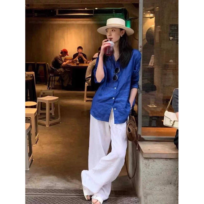 Old Money Style Linen Shirt for Women, New Summer Sun-Protective White Cotton-Linen Shirt, High-End Wide-Leg Pants Set