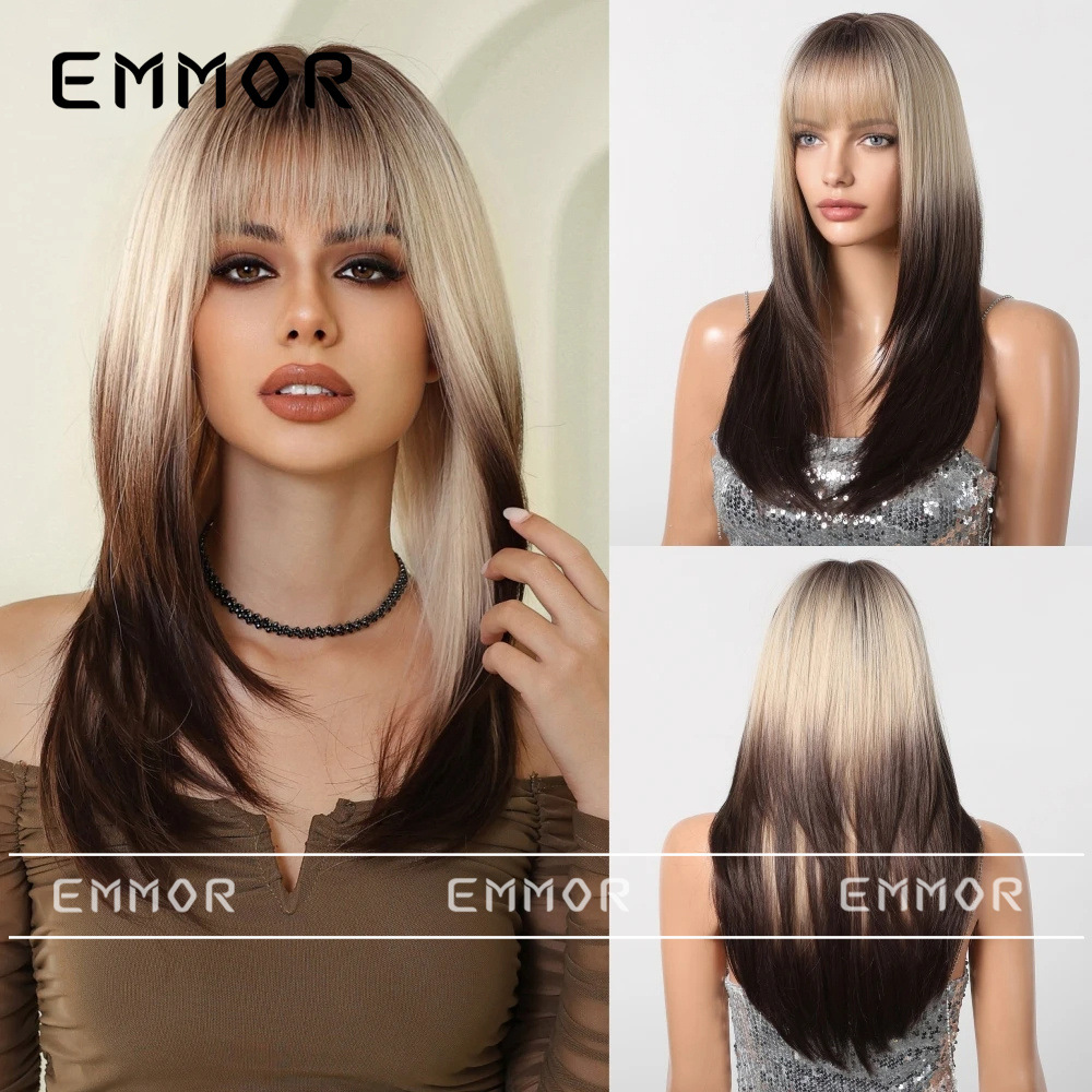 Suministro transfronterizo de nuevos productos Qi flequillo dorado degradado marrón en capas micro-rizado peluca europea y americana tipo de cabello completo