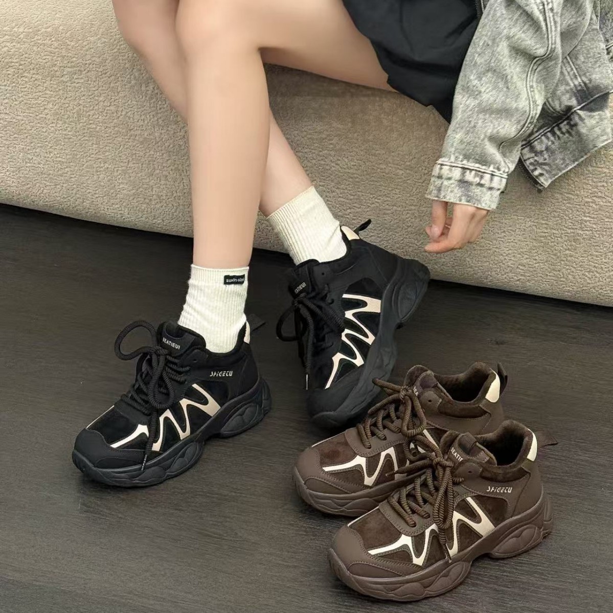 潮流显瘦真皮厚底老爹鞋女2025秋新款网面透气舒适百搭运动休闲鞋