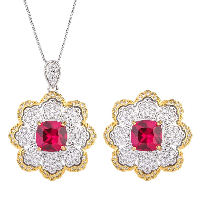 Zhuang Sheng joyería fondo de cobre chapado en oro simulación color tesoro rojo corindón en forma de flor creativa completa diamante traje de las mujeres 10*10
