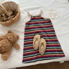 喜范2025夏季新品儿童条纹连衣裙女童宝宝韩版彩条无袖圆领裙子