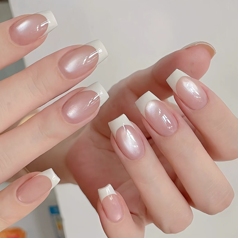 Wearable Nails European Square Simple White French Edge Glass Beads Cat Eye Manicure Nails Removable Fake Nails Nail
