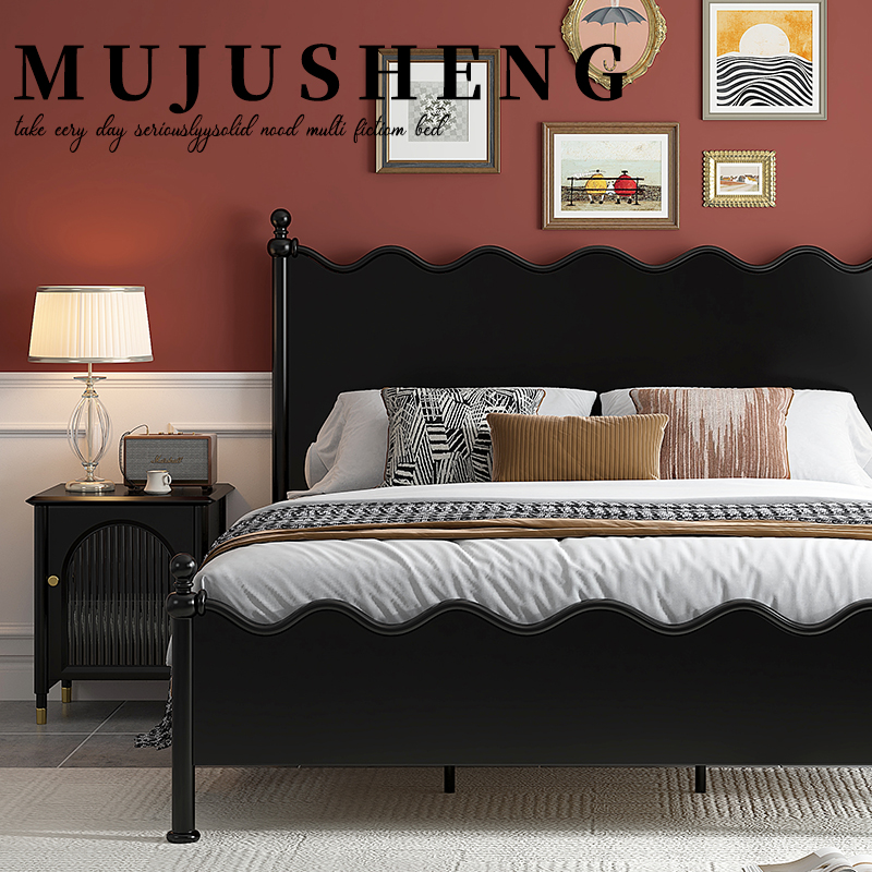 批发美式复古实木床现代简约卧室1.8米双人1.5黑色法式公主床小户
