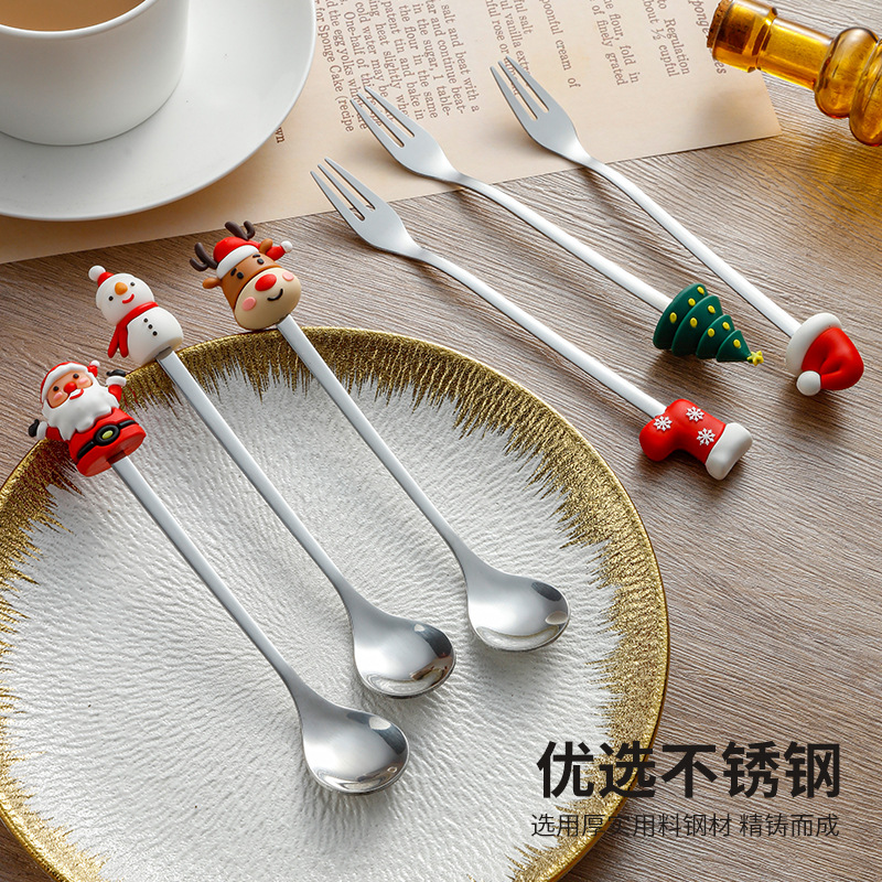 Cuchara de Navidad transfronteriza cuchara de dibujos animados cuchara de muñeco de nieve creativa de alto valor de cara cuchara de postre de Navidad horquilla de regalo cubiertos