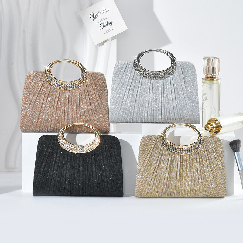 New Foreign Trade Pleated Handbag, Fashionable Fine Glitter Evening Bag, Elegant Crescent Bag, Versatile Banquet Handbag