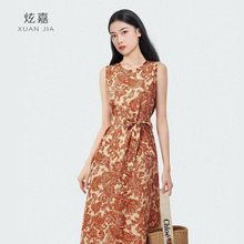 真丝连衣裙女25春夏新款欧式古典韵律印花桑蚕丝收腰气质丝绸长裙