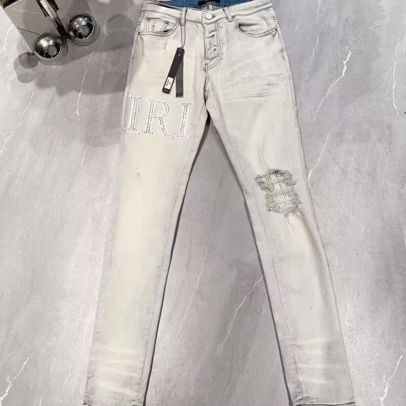 高版AM外贸风格朋克复古蓝破洞修身弹力印花印染小脚男式牛仔裤潮|undefined