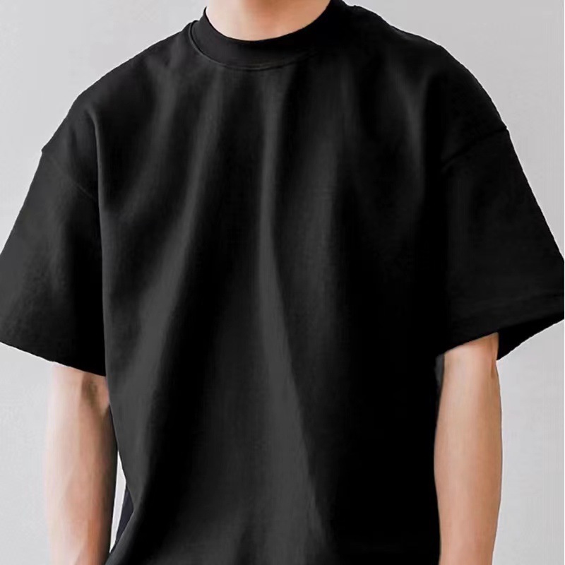 230g doble hilo americano pequeño cuello camiseta de manga corta de color sólido suelta caída de hombro media y larga primavera y otoño tendencia hip-hop