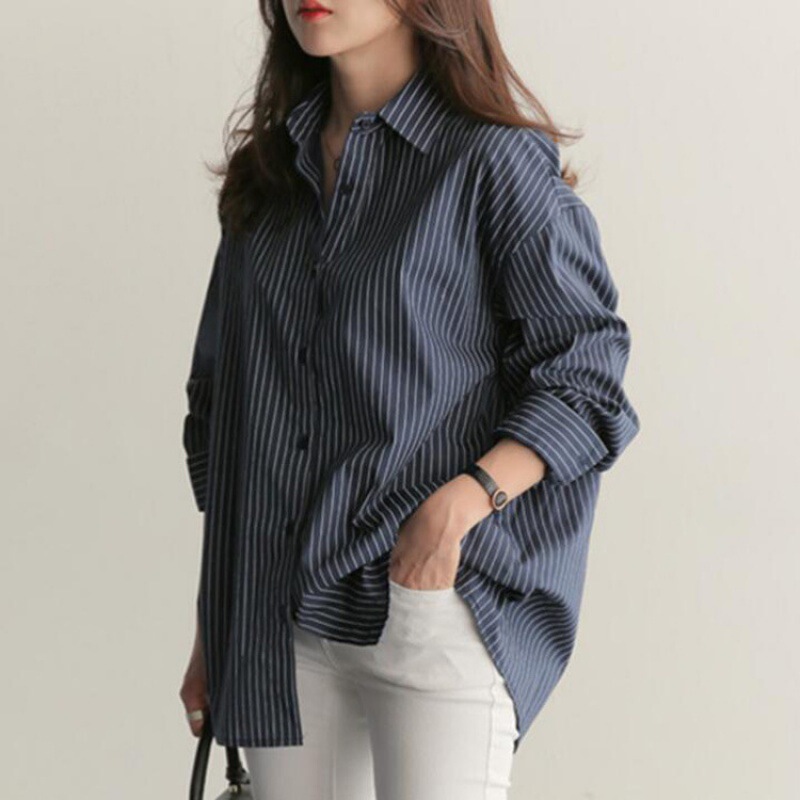 2026 Autumn New Style Mid-Length Loose Blue Vertical Striped Shirt Bf Style Versatile Large Size Long-Sleeved Shirt for Women