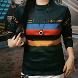 高档拼色印花圆领卫衣男士秋季时尚休闲百搭长袖T恤打底衫男装