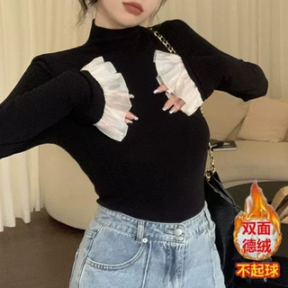 2025秋冬设计感喇叭袖德绒打底衫女内搭洋气修身长袖t恤保暖上衣