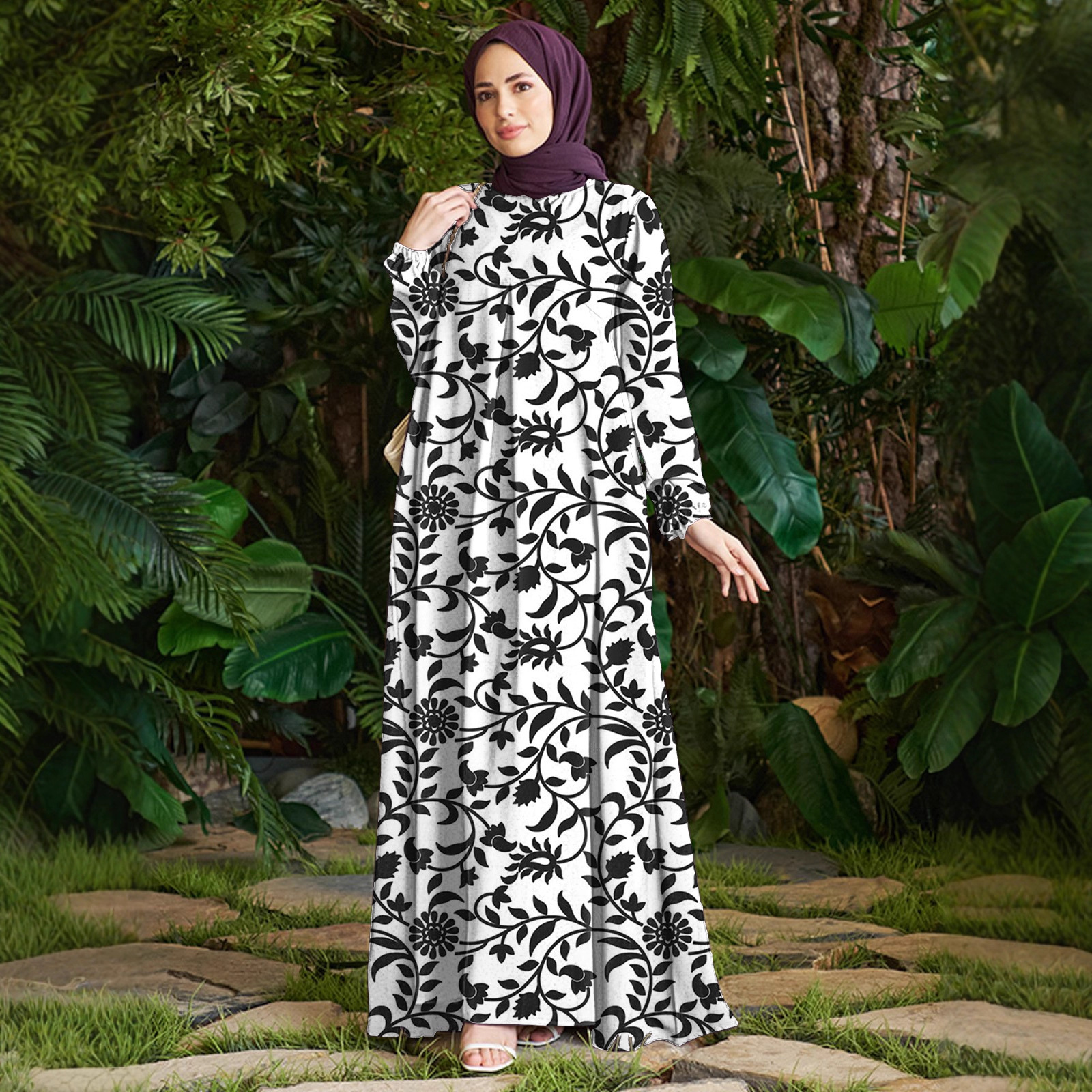 Elegant Floral Print Maxi Dress With Loose Fit - Bohemian Style Long Sleeve Dress For Women, Comfortable Polyester Blend Fabric, Versatile For Parties_ecoleips.com