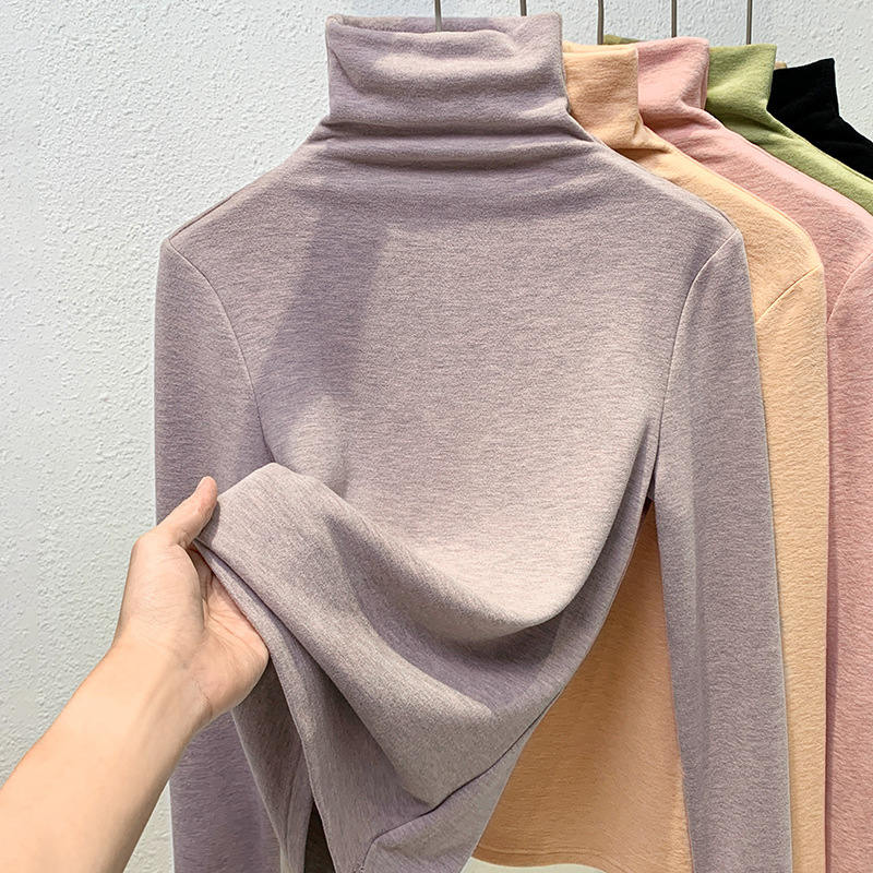 Camiseta de cuello alto de seda y cachemira para mujer, nueva colección 2024, ropa de mujer, camiseta térmica de manga larga con cintura ajustada