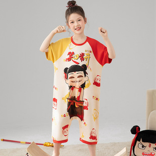 Children's One-Piece Pajamas Summer Thin Pure Cotton Girls Nezha Girls Medium and Large Kidsren Summer Air-Conditioned Clothes 2025 New Style