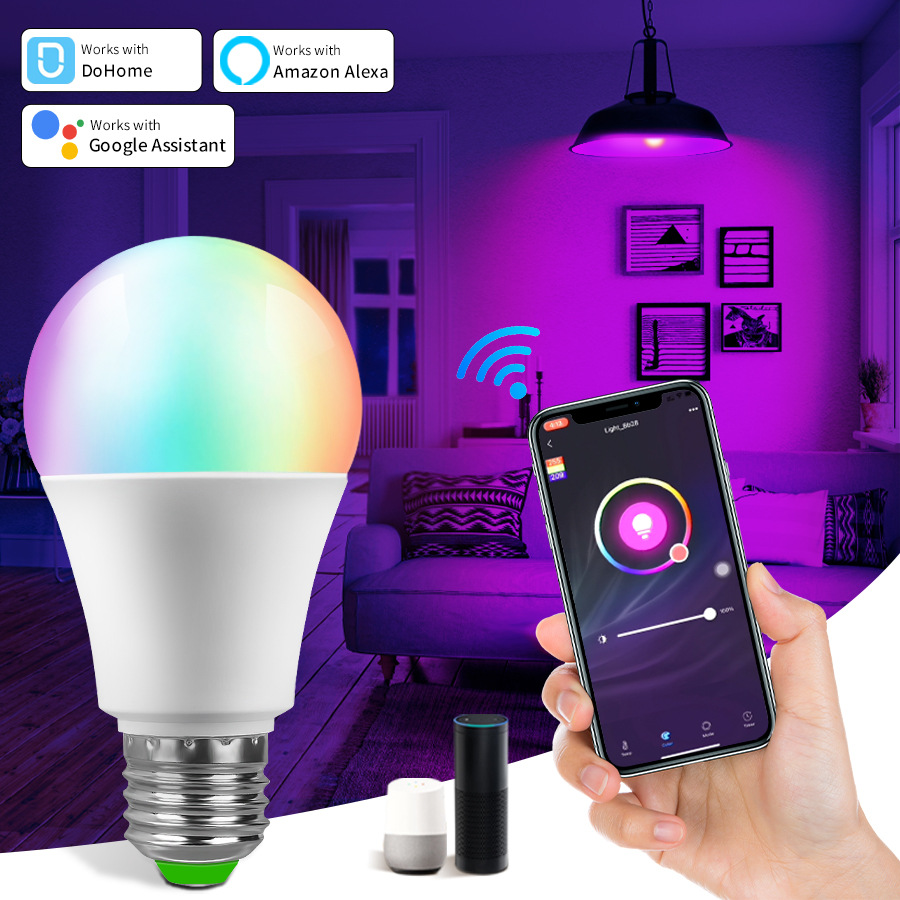 Wifi bombilla inteligente Alexa control de voz soporte RGB5-way atenuación color A19 bombilla vida inteligente