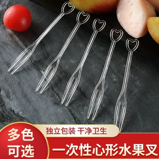 一次性水果叉子爱心款水果叉水果签塑料果插透明商用加厚酒店KTV