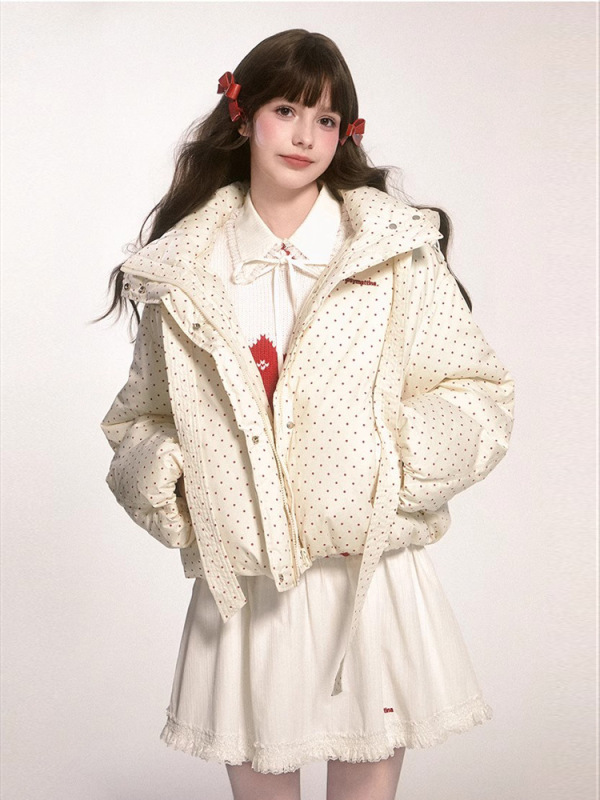 甜美蝴蝶结波点连帽棉衣外套冬季新款保暖加厚面包服棉服女短款潮|undefined