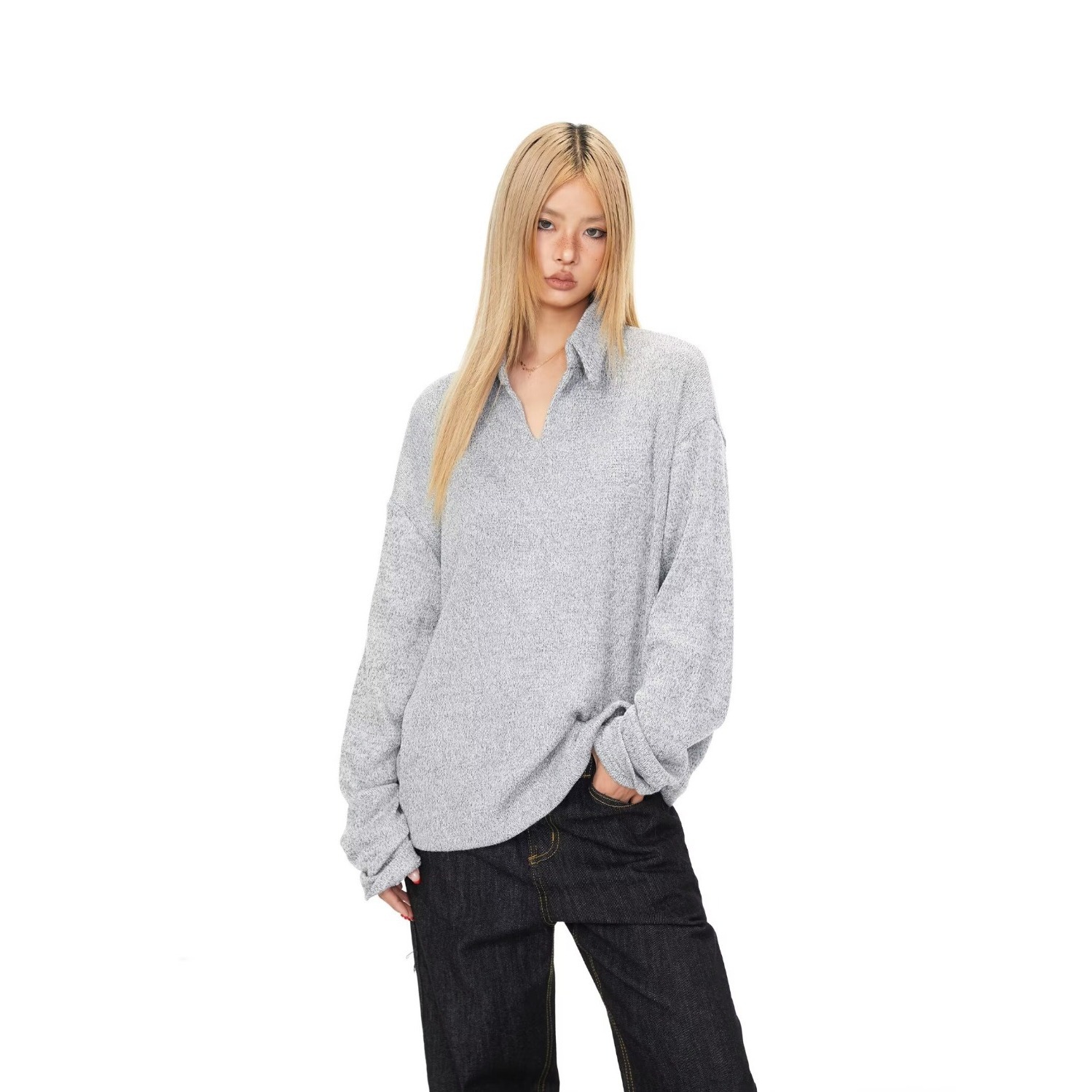 New Spring/Autumn Polo Shirt, Half-Open Neck, Lazy Knit Long-Sleeve Top, Korean Style, Relaxed Fit, Drop-Shoulder Base Layer